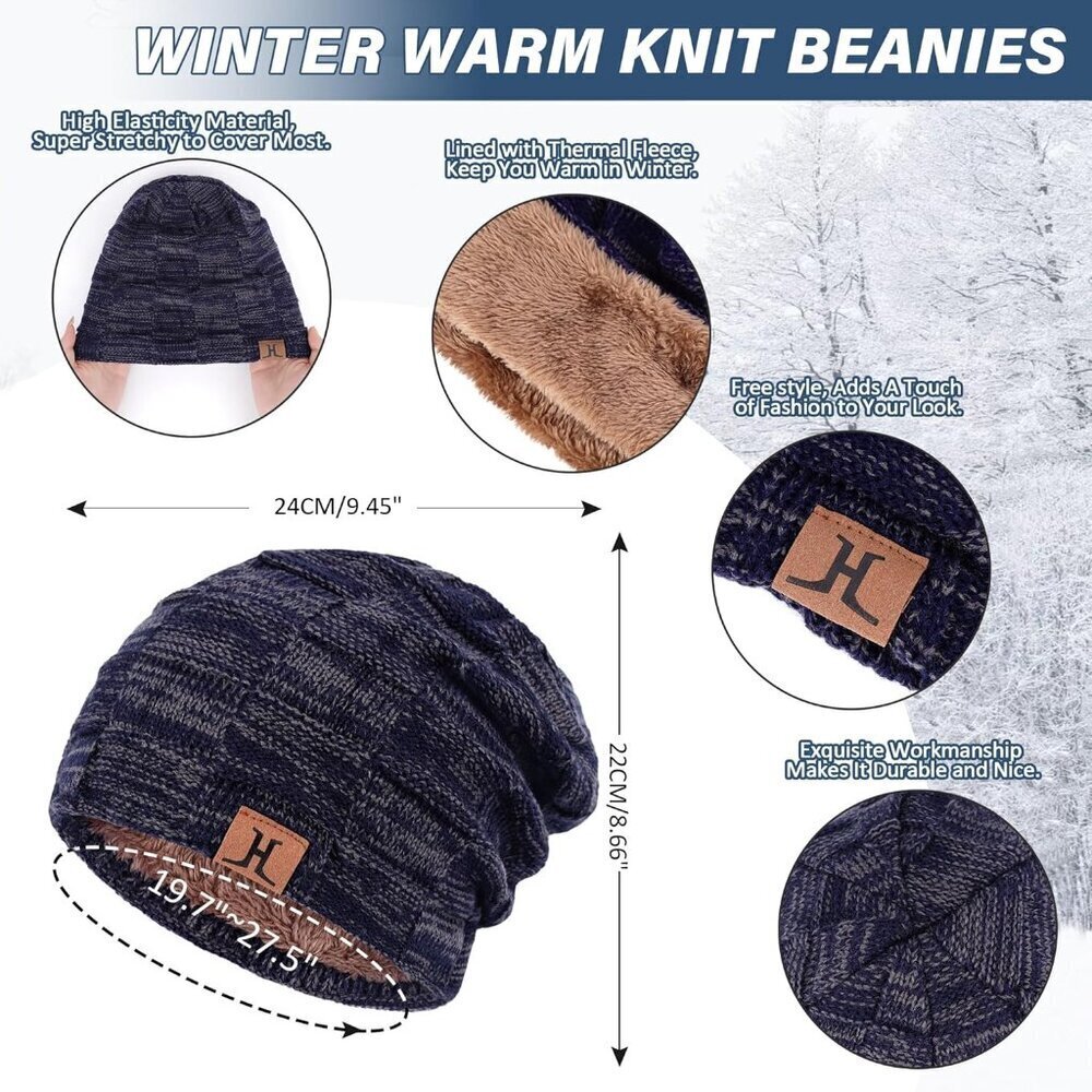 Mens Navy Blue Winter Warm Knit Skull Cap Neck Warmer Fleece Lined Hat Scarf Set - Picture 3 of 5